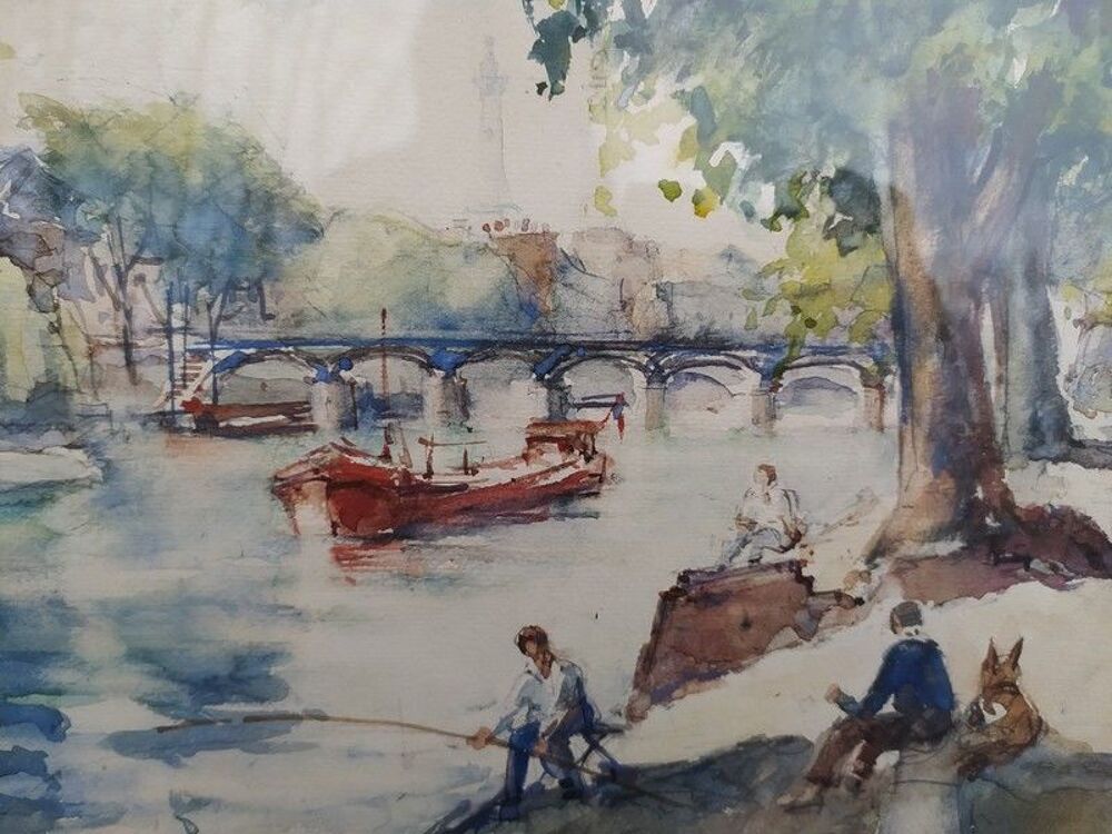 Tableau Aquarelle Paris Bord de Seine Anim&eacute;e ca1960 