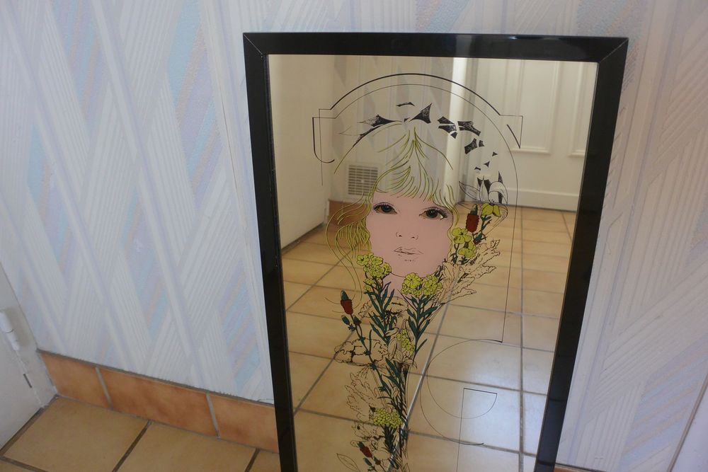 Miroir s&eacute;rigraphi&eacute; - vintage ann&eacute;es 1970 Décoration
