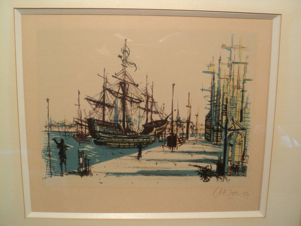 Jean Carzou Lithographie Encadr&eacute;e Repr&eacute;sentant un Port 1954. 