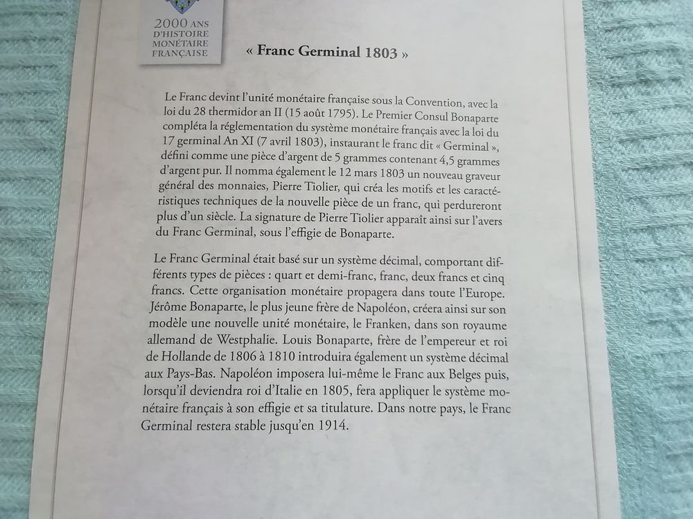 Pi&egrave;ce de collection Franc Germinal 1803 Neuve 