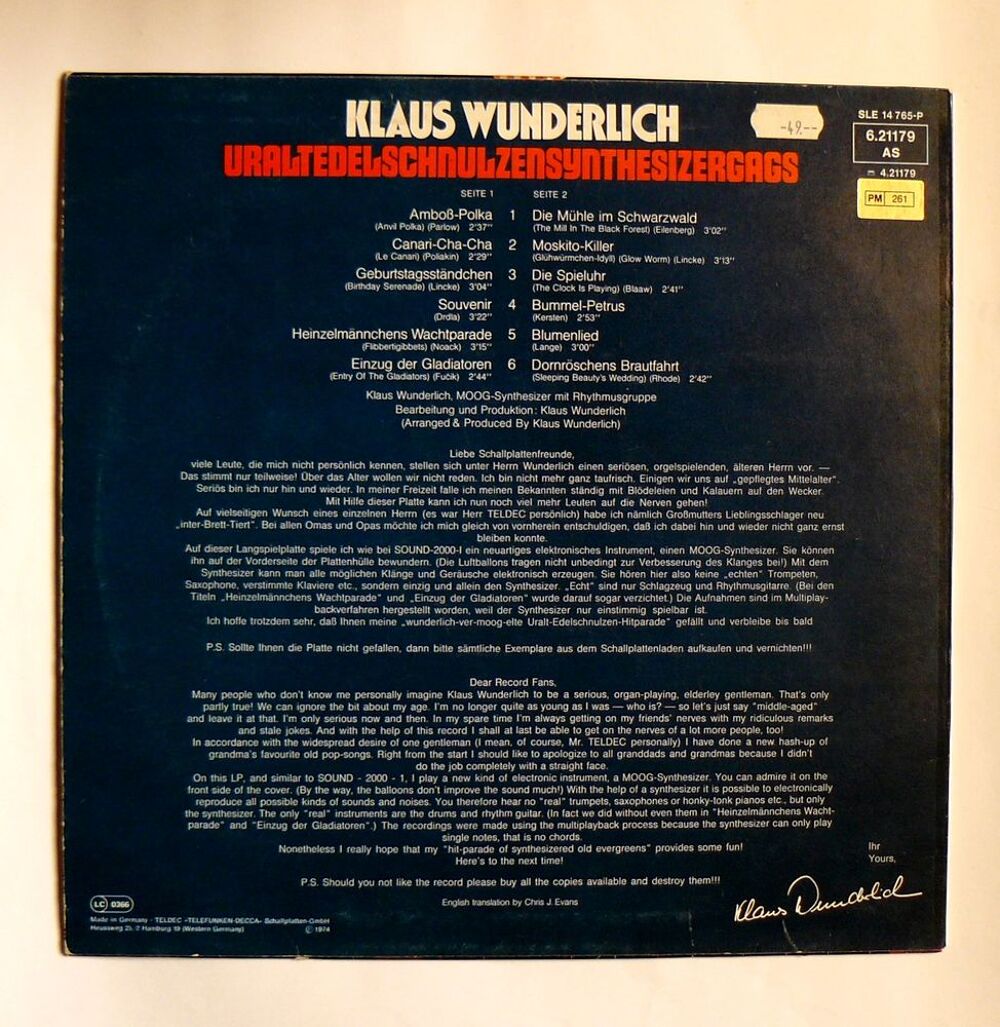LP Klaus WUNDERLICH : Uraltedelschulzensynthesisergags CD et vinyles