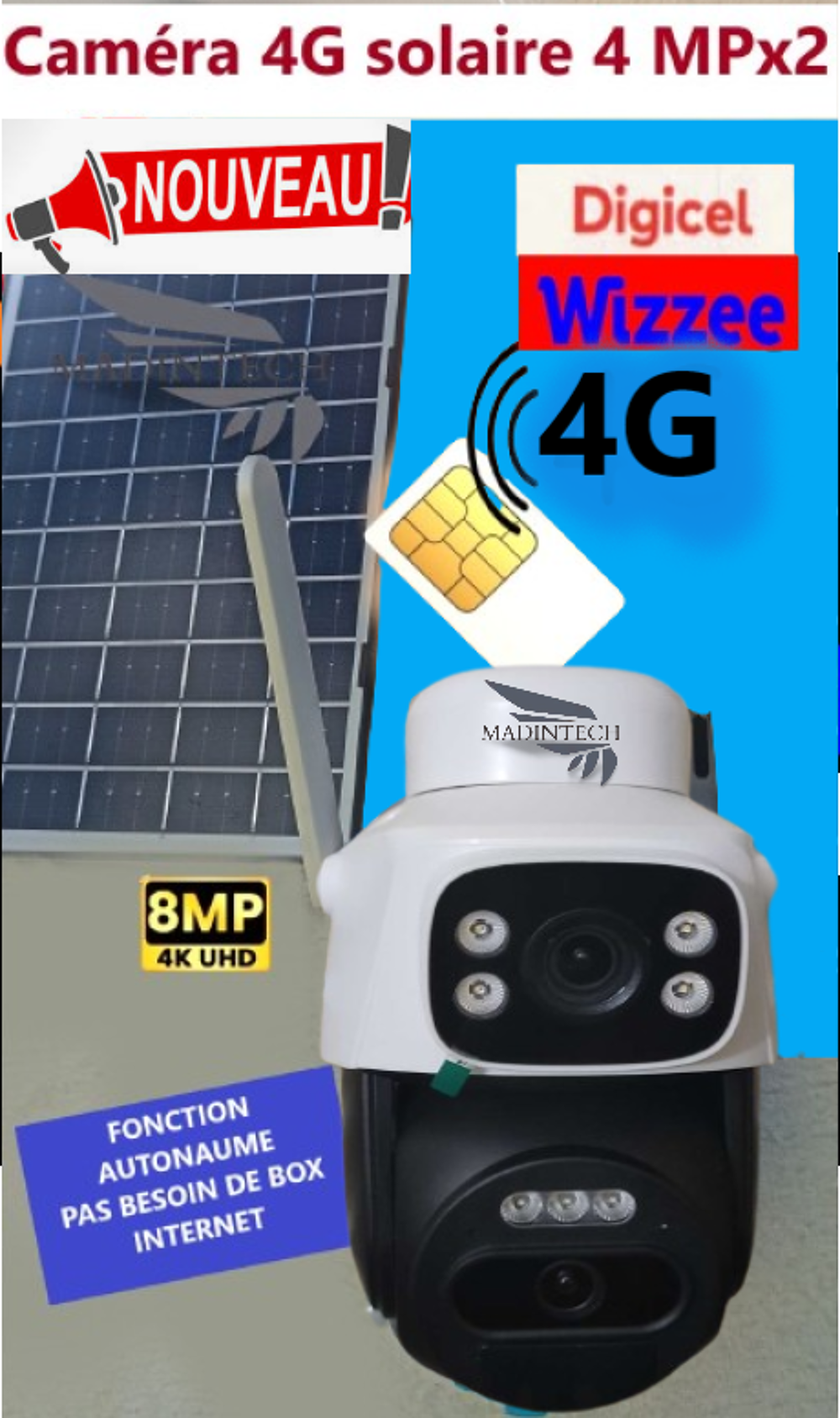 Cam&eacute;ra autonome 4G Tr&egrave;s haute d&eacute;finition 4MP Photos/Video/TV