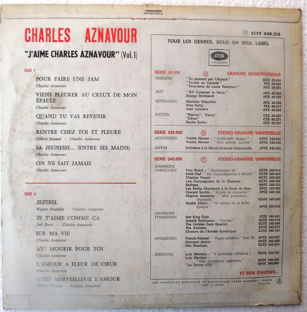Charles AZNAVOUR Pochette pour 33 Tours disque HS CD et vinyles