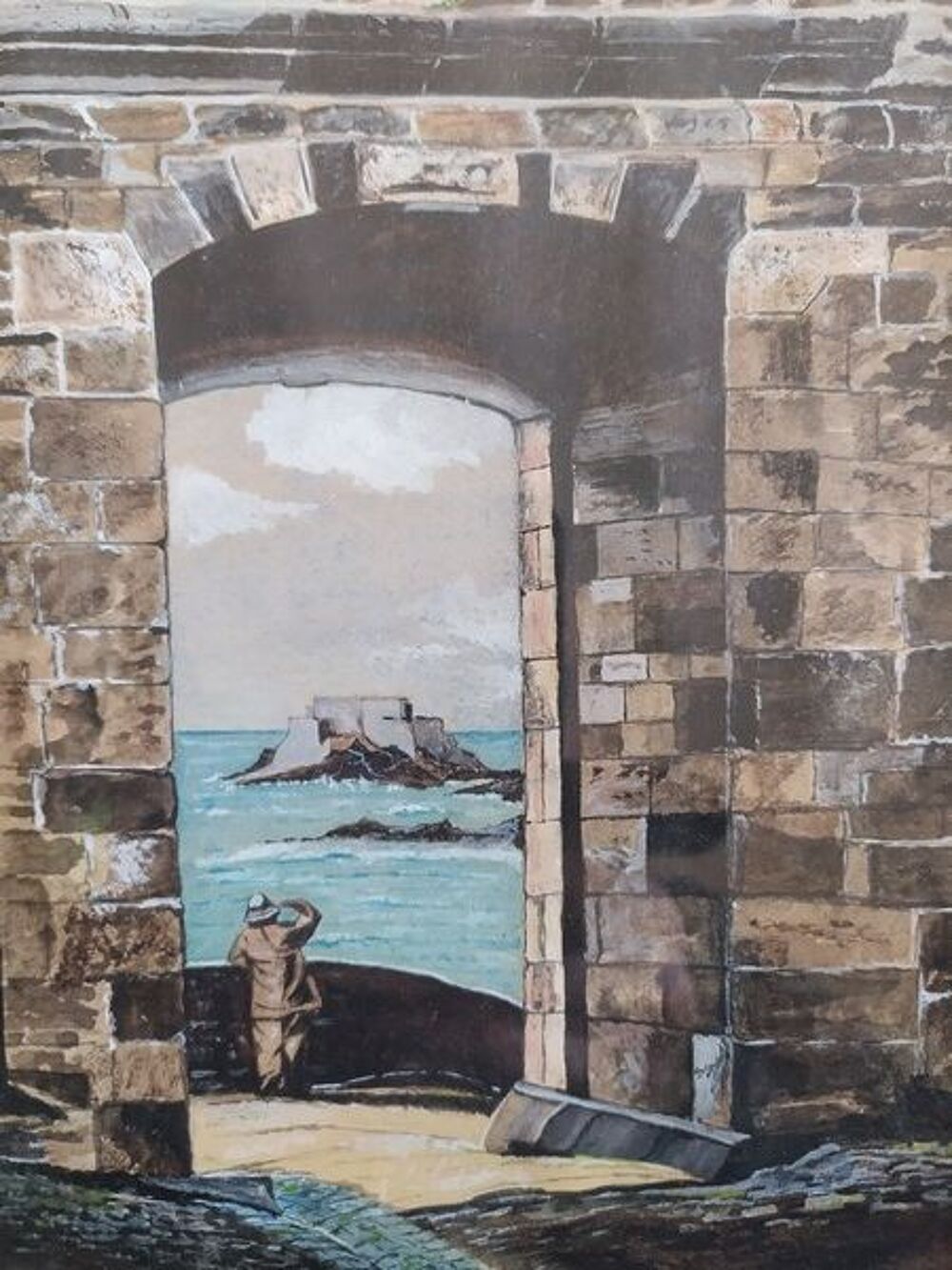 Tableau Dessin Gouache Marine P&ecirc;cheur Sign&eacute; Jampierre ca1930 