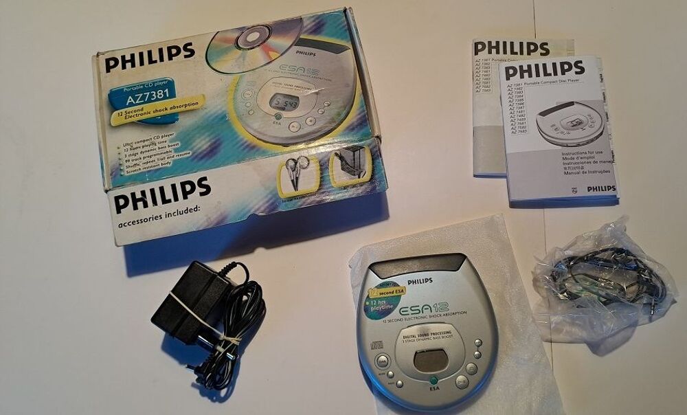 Baladeur CD vintage Philips AZ 7381 avec bo&icirc;te Audio et hifi