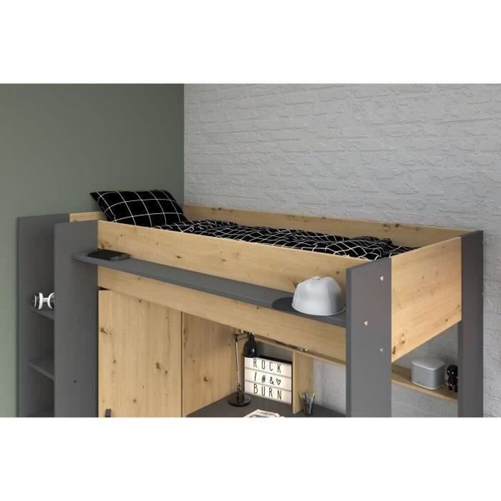 Lit combin&eacute; mezzanine enfant PARISOT HIGH - Ch&ecirc;ne et gris - Mobilier enfants