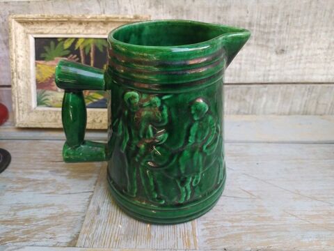 Ancien Pichet Fa�ence Gla�ure Verte Th�me �ne  20 Loches (37)