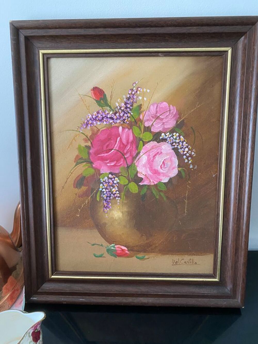 Tableau peinture nature morte fleurs roses, Del Castillo 