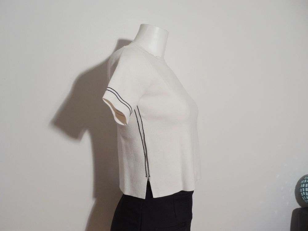 Top/ Pull Court Blanc &agrave; 2 Bandes Marine- Taille S- Zara Vêtements