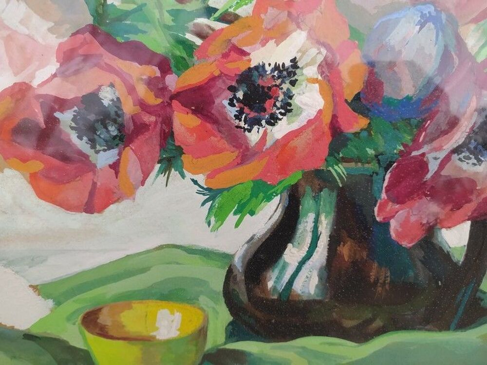 Tableau Nature Morte aux Coquelicots Gouache sign&eacute; M.Lacombe Décoration