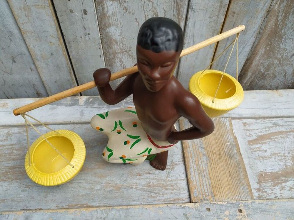 Statuette Africaine Porte Plante C&eacute;ramique Vintage ca1950 Décoration