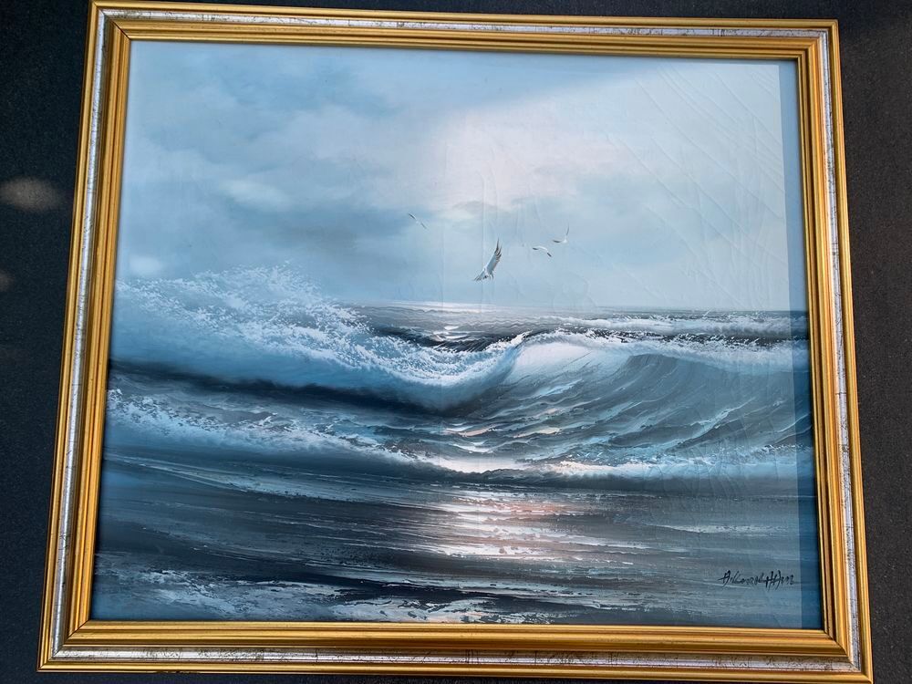 Tableau marine vintage ? vague et mouettes ? huile sur toile Décoration