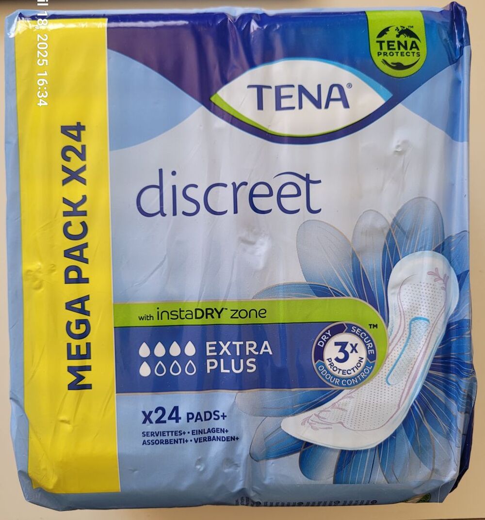 250 serviettes TENA DISCREET "Extra Plus" Pu�riculture