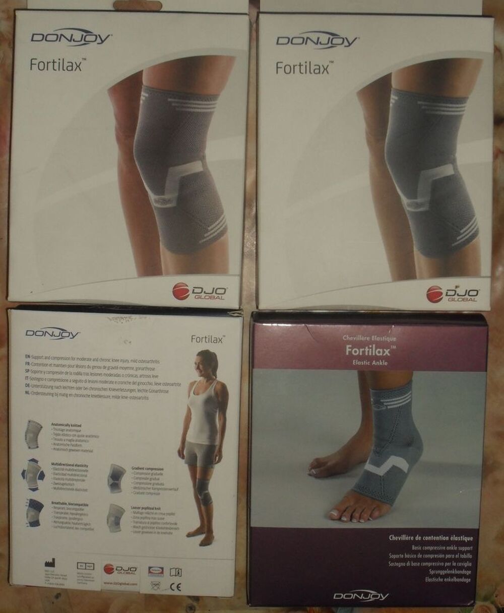 Lot de 3 genouill&egrave;res et 1 chevilli&egrave;re Donjoy Fortilax. Sports
