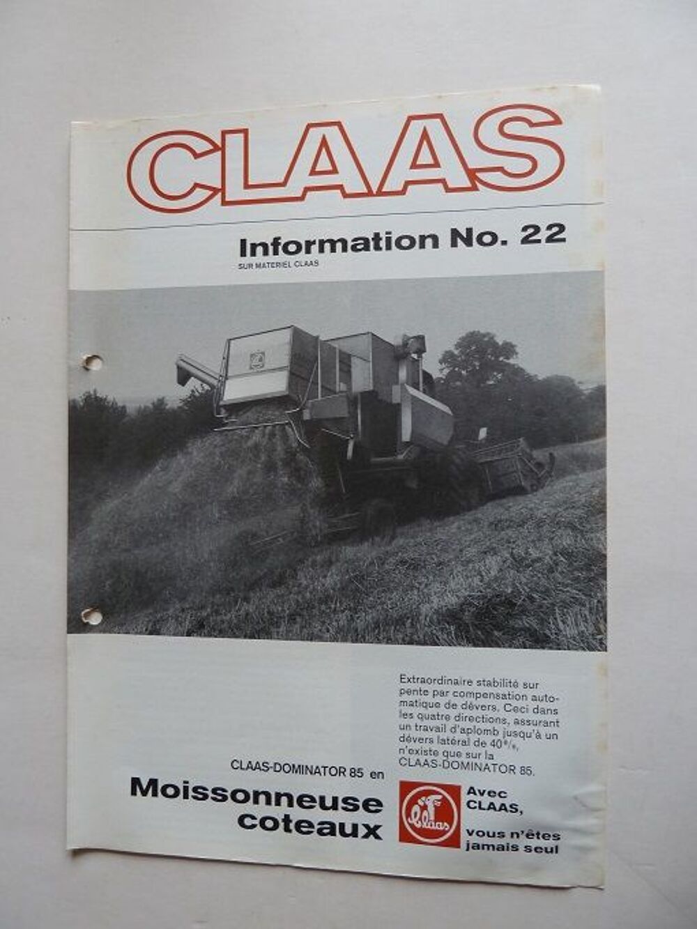 Prospectus moissonneuse CLAAS DOMINATOR 85 coteaux 