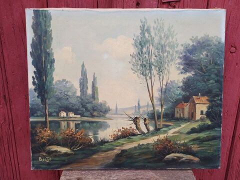 Tableau Paysage Bord du Loiret Signé Bertot 80 Loches (37)