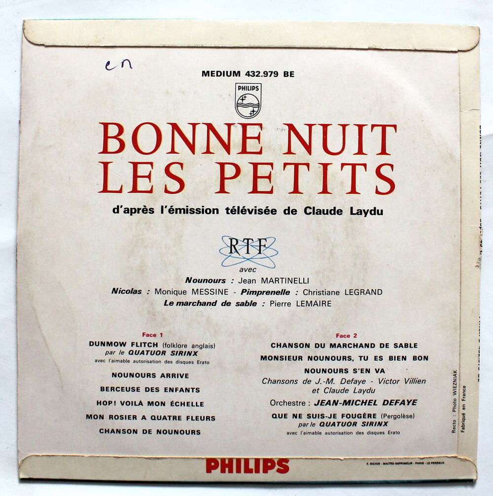 Disque 45 Tours Bonne Nuit Les Petits - Nounours - ORTF Audio et hifi