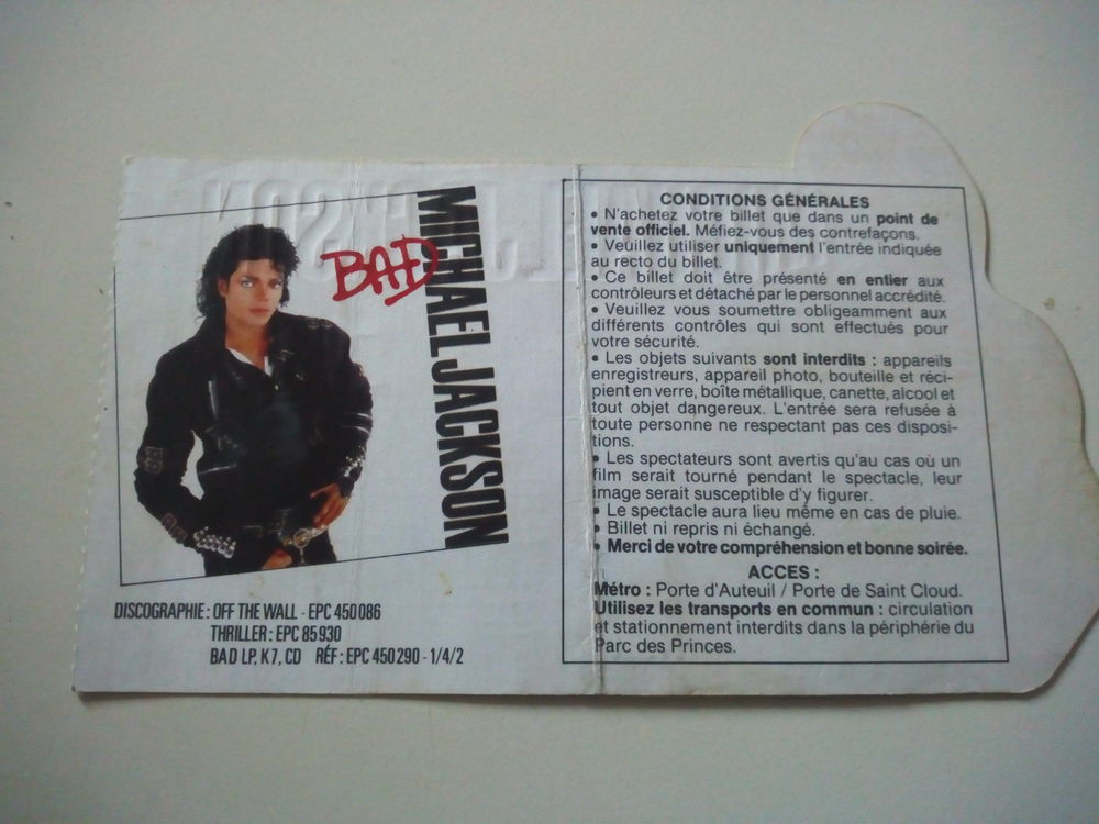 ticket concert mickael Jackson bad tour 1988 TBE 