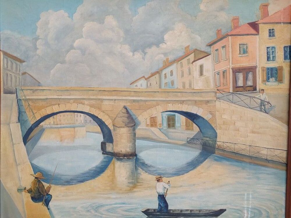Tableau Ville &agrave; Situer Pont et P&ecirc;cheurs Sign&eacute; M. DAVID 1933 