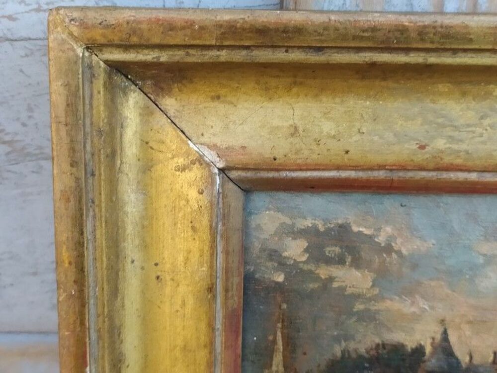 Tableau Peinture sur Bois Ch&acirc;teau XIX&egrave;me Cadre Dor&eacute; Feuille 