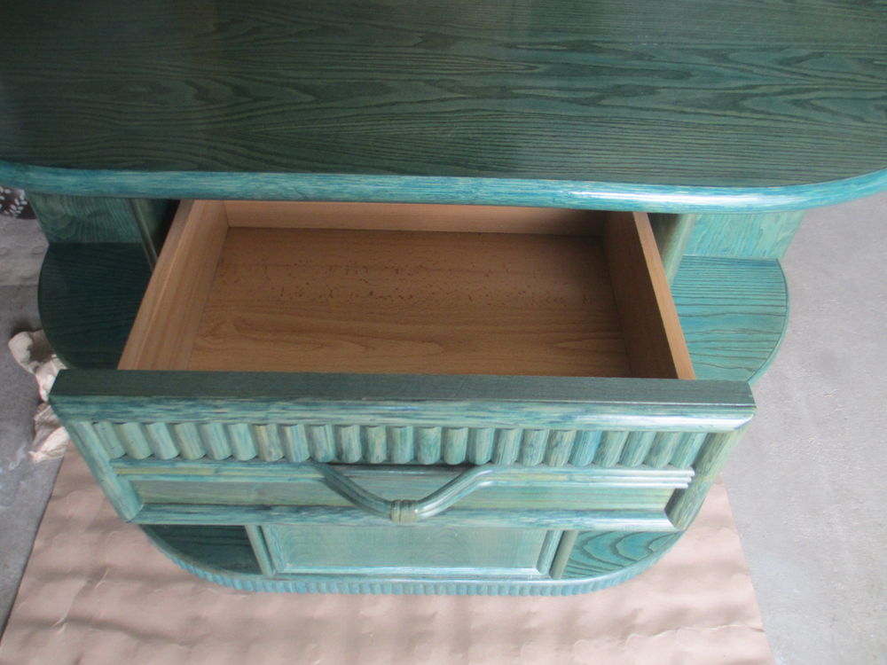 Buffet en osier et bambou laquage vert bleut&eacute; Meubles