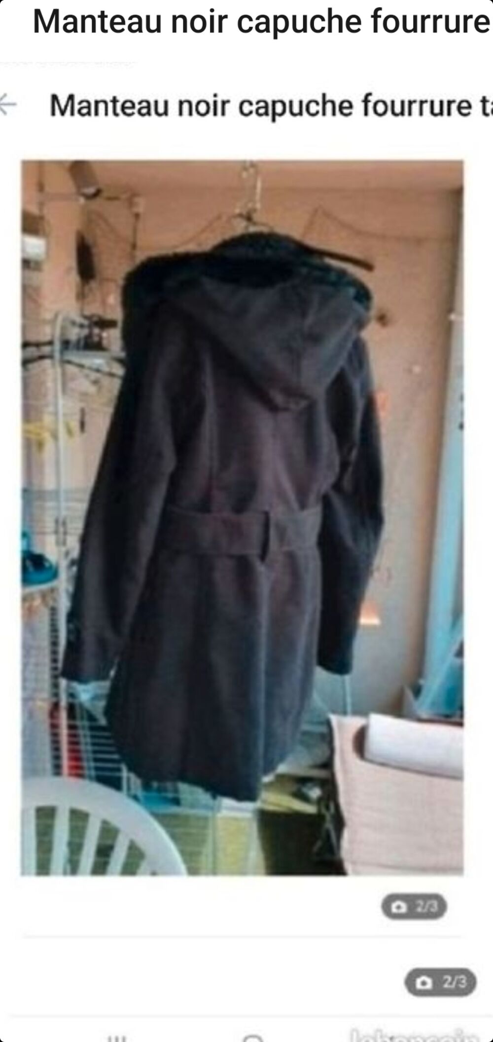 manteau noir capuche fourrure taille 40 Vtements
