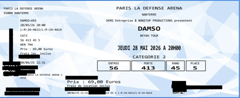 Billet concert Damso Paris La Défense Arena 28 mai 2026 Paris 19 (75)