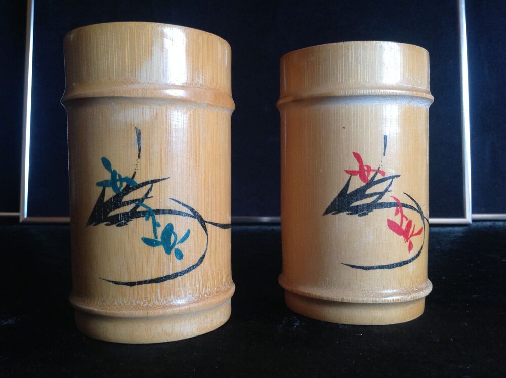 DEUX VASES OU POTS &Agrave; CRAYON BAMBOU MOTIF PEINT Envoi Possibl Décoration