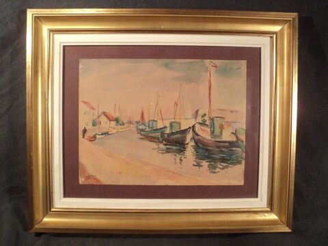 Tableau Aquarelle Marine Port Sign�e E. Bittay 70 Loches (37)