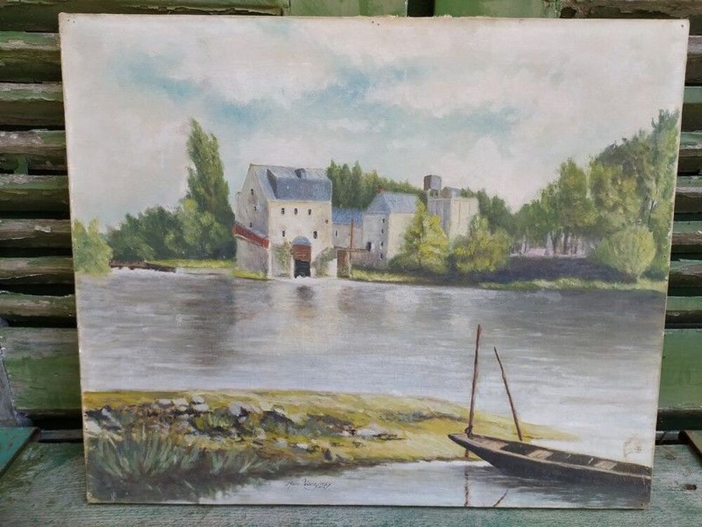 Ancien Tableau Moulin Artannes sur Indre Sign&eacute; et dat&eacute; 1954. Dcoration