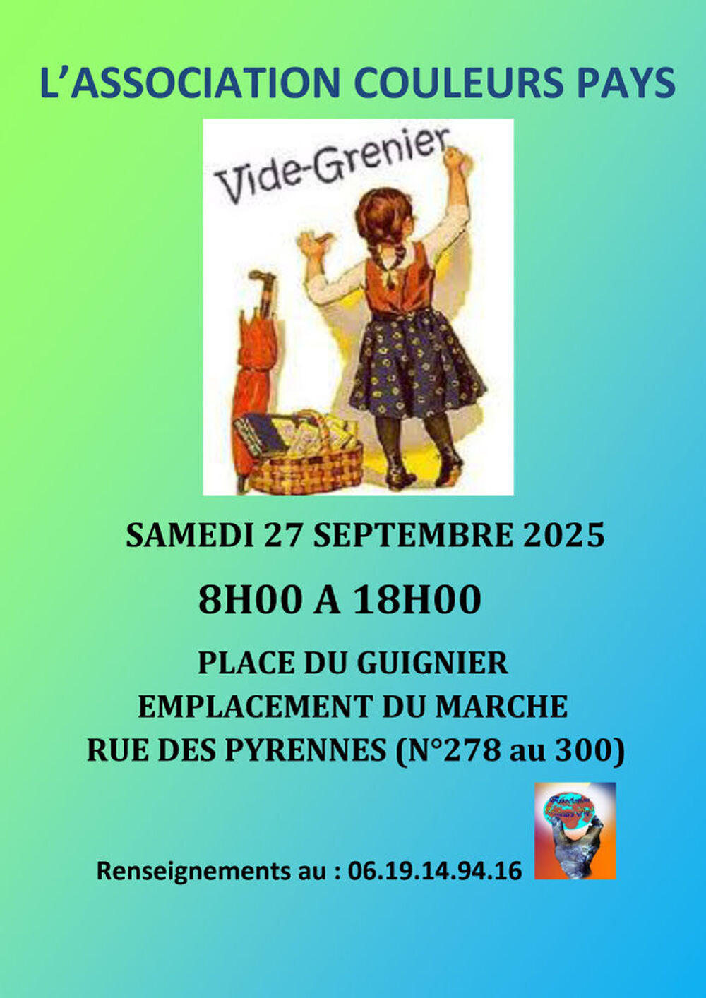Vide grenier COULEURS PAYS samedi 27 Septembre 2025 ? Paris Vide grenier, march aux puces, braderie