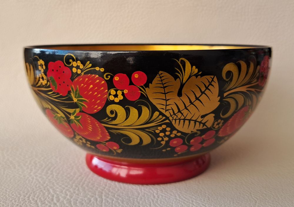 bol et cuill&egrave;re d&eacute;coratif en bois laqu&eacute; Khokhloma URSS Décoration
