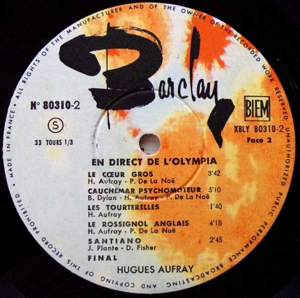 Hugues Aufray ? En Direct De L'Olympia (1966) ? Barclay CD et vinyles