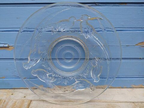 Grand Plat Coupe Verlux Verre Moulé Décor Faisans Art Déco 90 Loches (37)