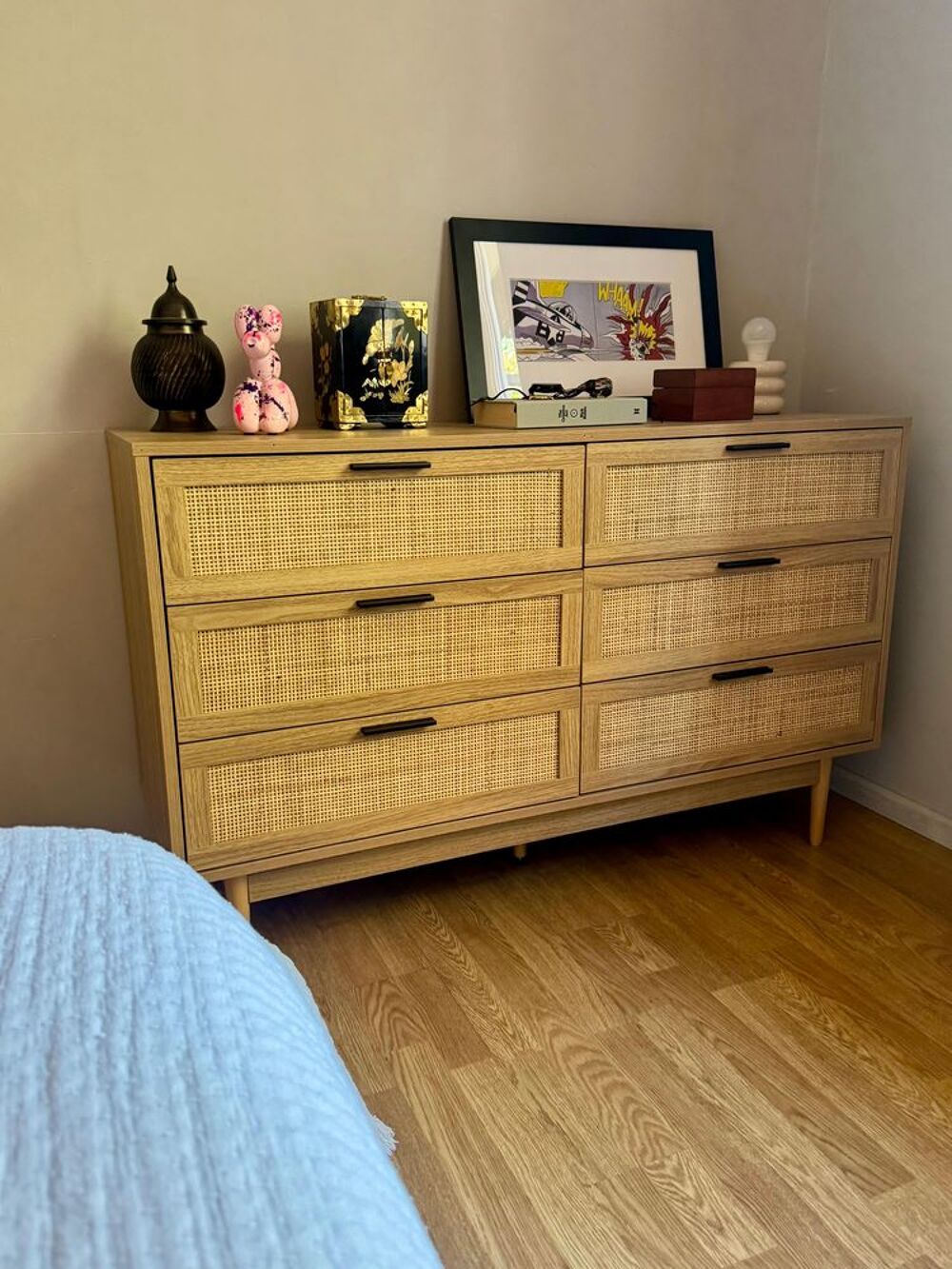 Commode AMANA 6 tiroirs (effet ch&ecirc;ne &amp; cannage rotin) Meubles