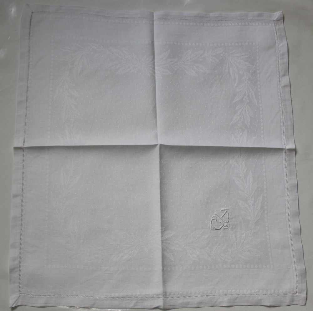 Serviettes lin damass&eacute;es brod&eacute;es art d&eacute;co linge ancien Cuisine