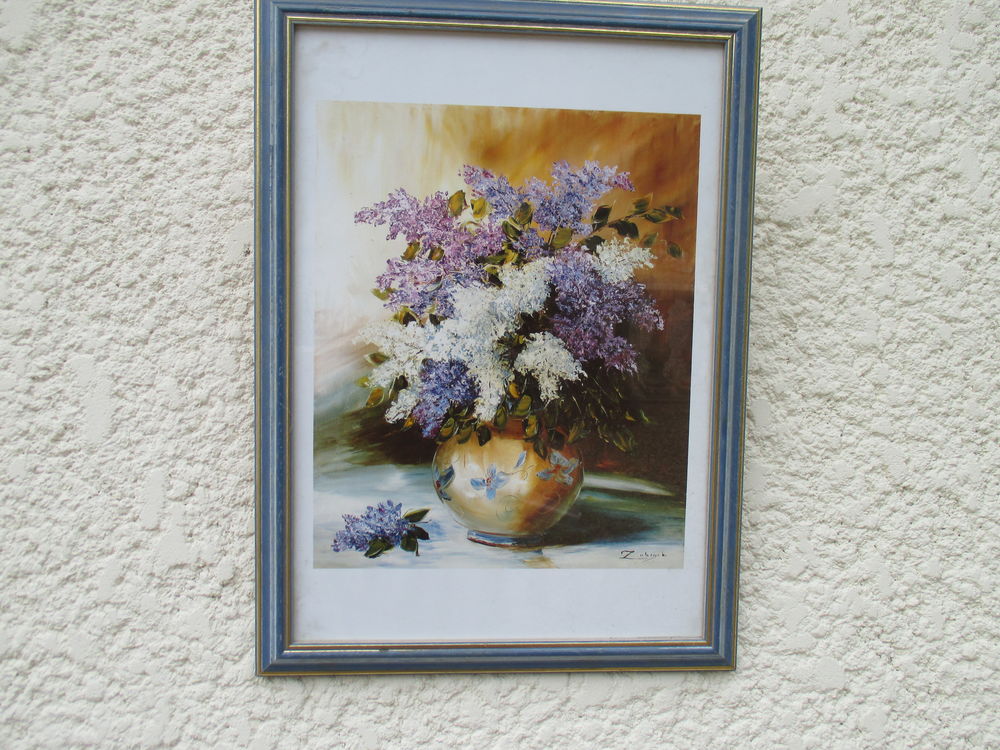 Cadre bois bleut&eacute;, motif: pot de fleurs proven&ccedil;ales Dcoration