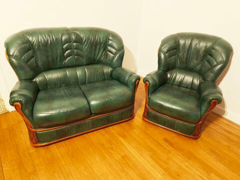 Canap� 2 places + Fauteuil cuir vert en salon confort chic 130 Dijon (21)