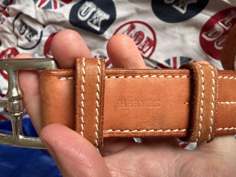 Ceinture Herm&egrave;s Gold &amp; White Stitching Cuir Luxe T80 Maroquinerie