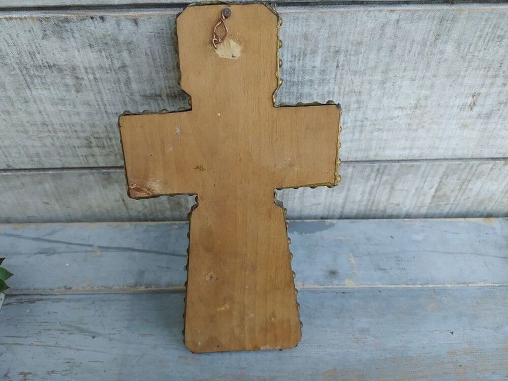 Ancienne Croix Grecque Laiton &Eacute;mail sur Bois Antique Greek 