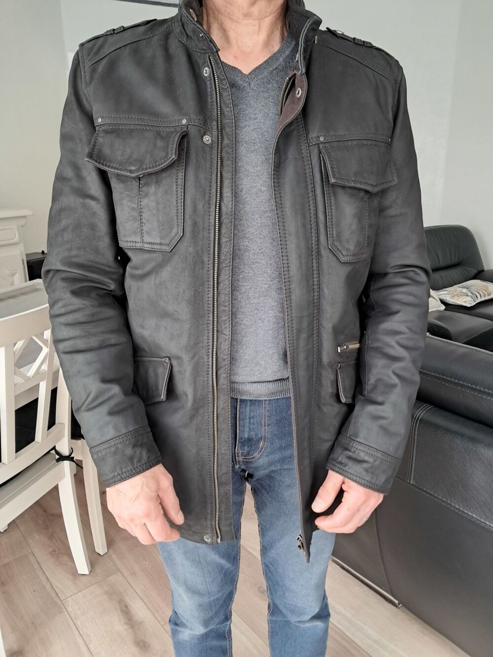 Veste homme noire &agrave; poches en cuir V�tements