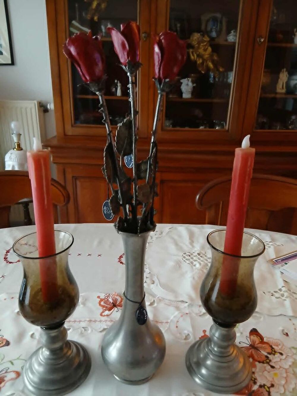  Vase vintage 3 roses &eacute;tain 2 photophores &eacute;tain verre bull&eacute; Décoration