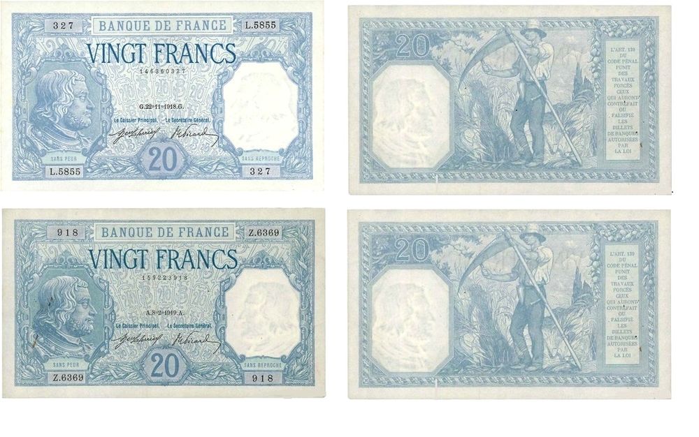  F 11 RARE LOT DE 2 BILLETS 20 F BAYARD 