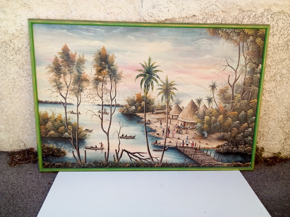PEINTURE NAIVE VILLAGE LACUSTRE AFRICAIN dimens 2.50m x1.75m 