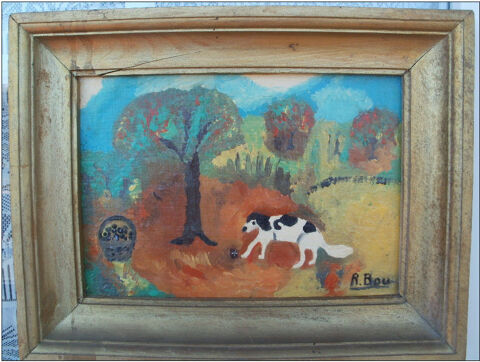 Chien DIKOU Huile sur toile encadre signe R. BOU 35 Montauban (82)