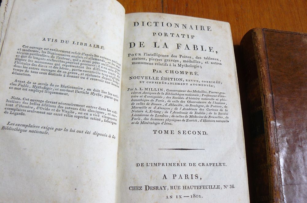 Dictionnaire portatif de la Fable par CHOMPR&Eacute; en 2 volumes Livres et BD