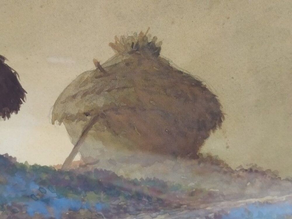 ANDR&Eacute; DES GACHONS Tableau Aquarelle Meules de Foin Campagne 