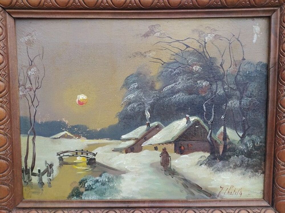 Tableau Barbizon XIX&egrave;me Paysage d'Hiver Sign&eacute; J. Chatelin 