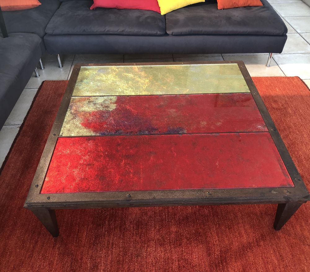 Table basse en verre et fer forg&eacute;, pi&egrave;ce unique Décoration