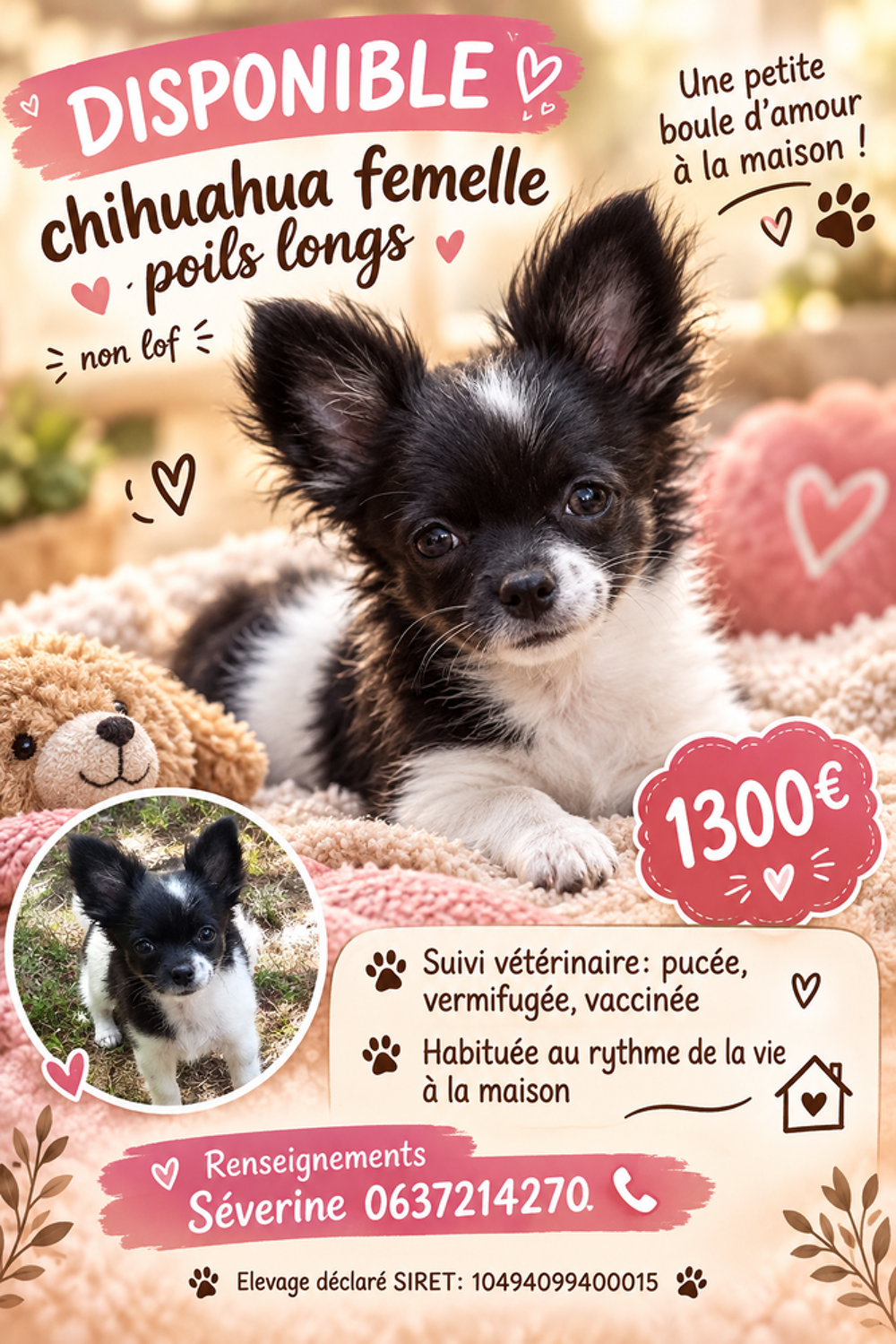   Disponible femelle chihuahua non lof, poils longs 